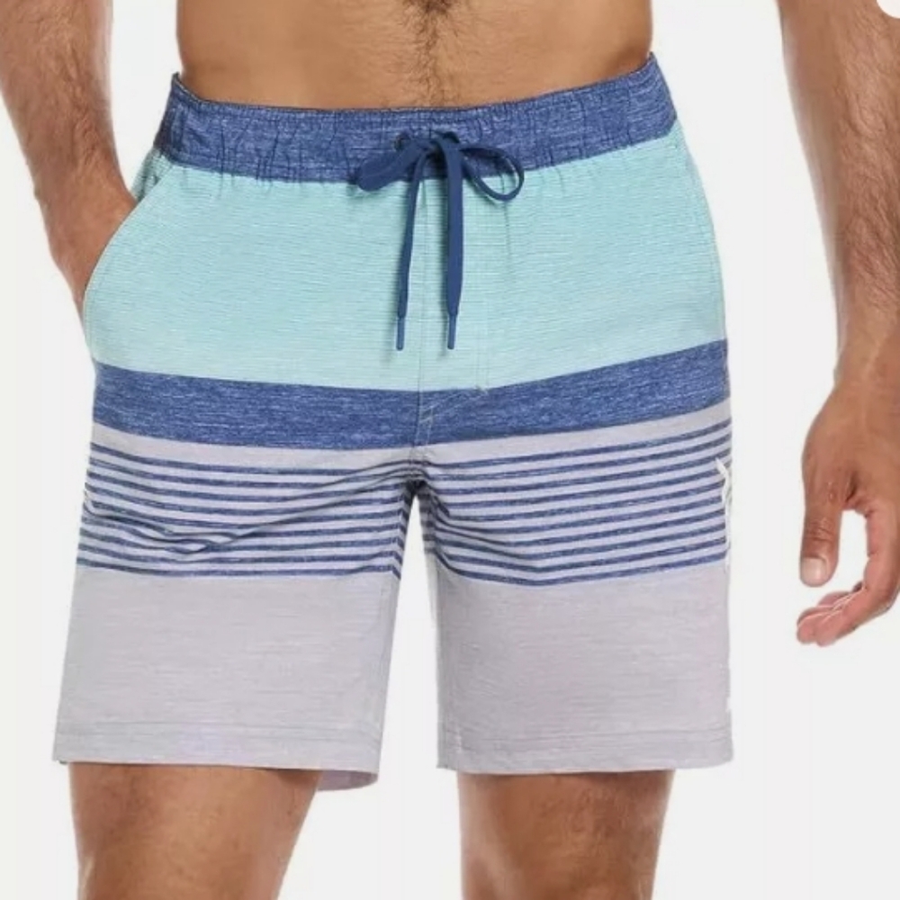 HURLEY,  BLUE AND GRAY STRIPED SWIM SHORTS, SIZE XXL